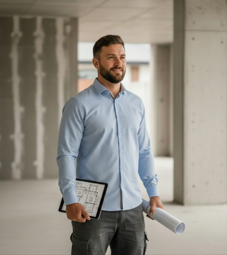 ATCRETE construction engineer reviewing plans on site, Adelaide